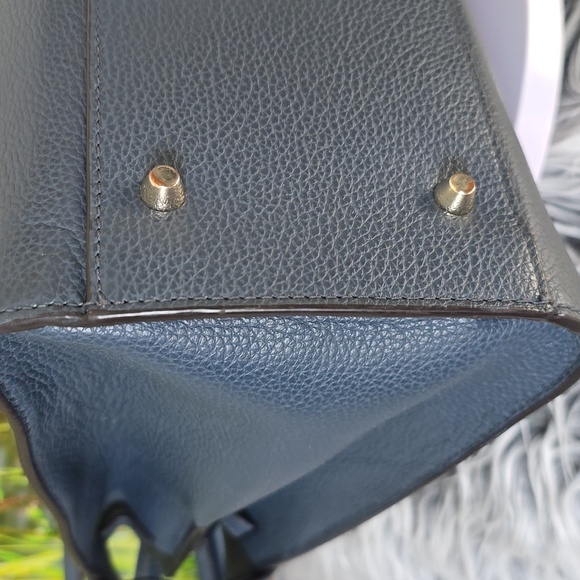 Furla Leather Shoulder Tote Dusty Blue Black Gold Logo 14x10 Excellent - Picture 8 of 13